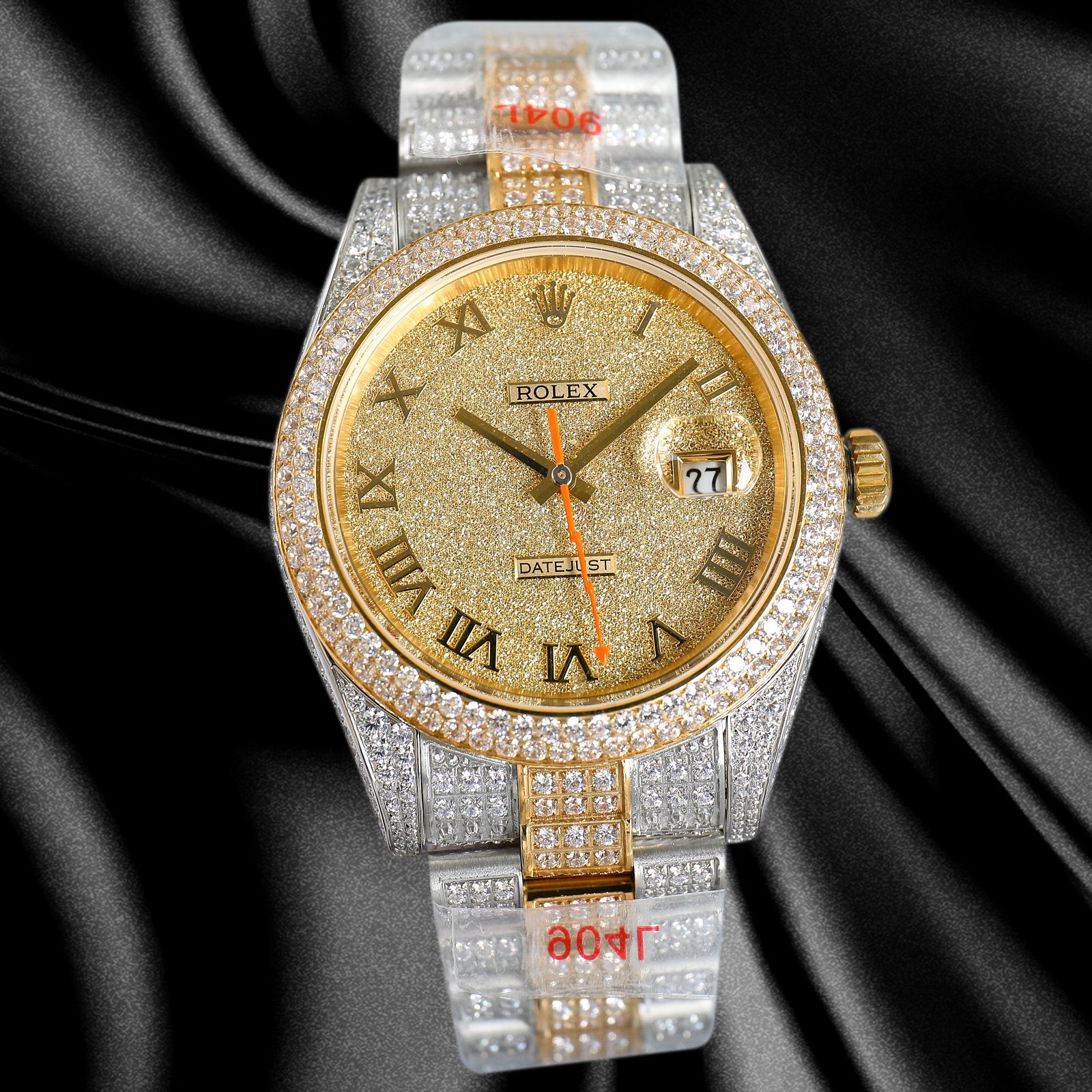 Full front view of the diamond-set watch