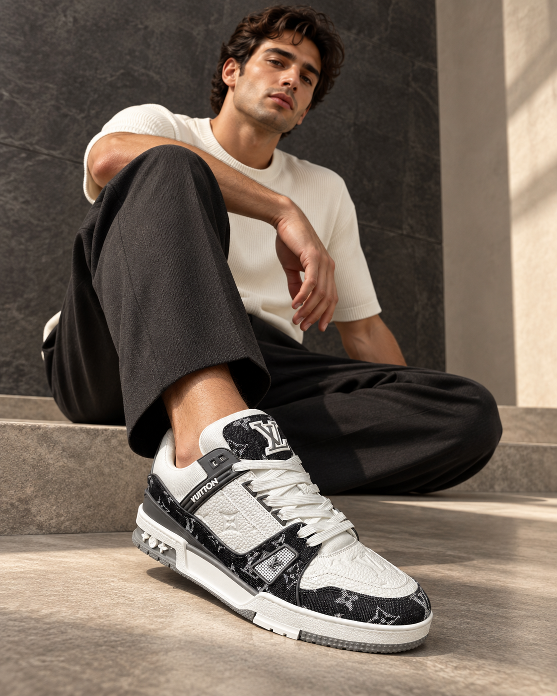 Model wearing a black and white monogram sneaker.