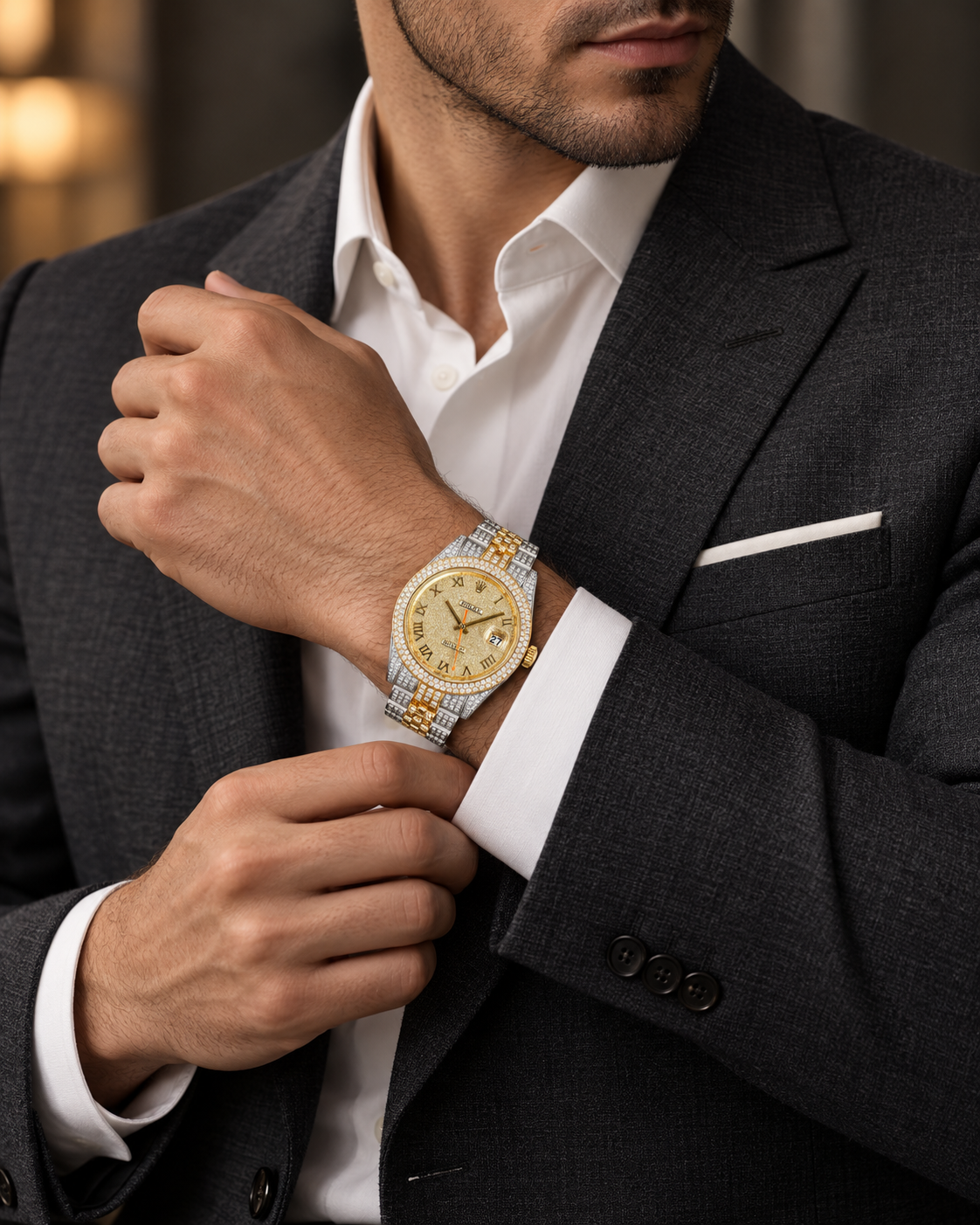 Model naturally wearing a two-tone wristwatch with a champagne-gold dial and diamond-set bezel.