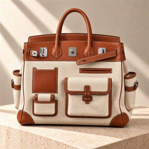 Hermès Birkin Cargo handbag on a warm ivory limestone surface