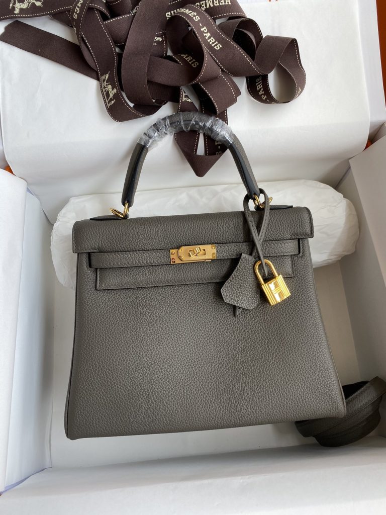 Kelly — 25 cm — Tin Gray — Togo leather — Gold-tone hardware