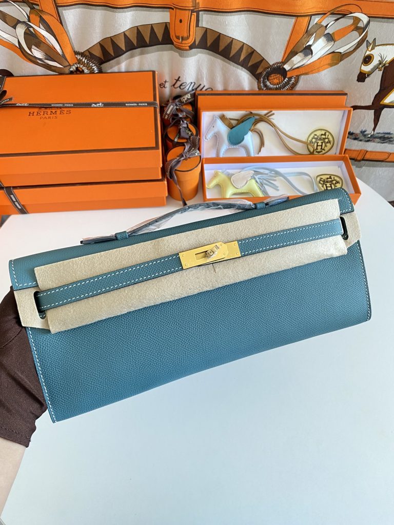 New to stock! Kelly Cut31cm Epsom Leather Denim Blue Gold Buckle