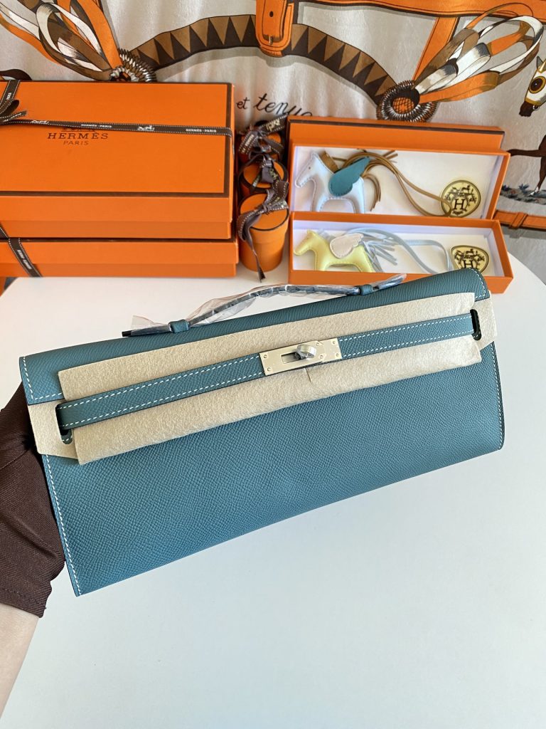 New to stock! Kelly Cut31cm Epsom Leather Denim Blue Silver Buckle