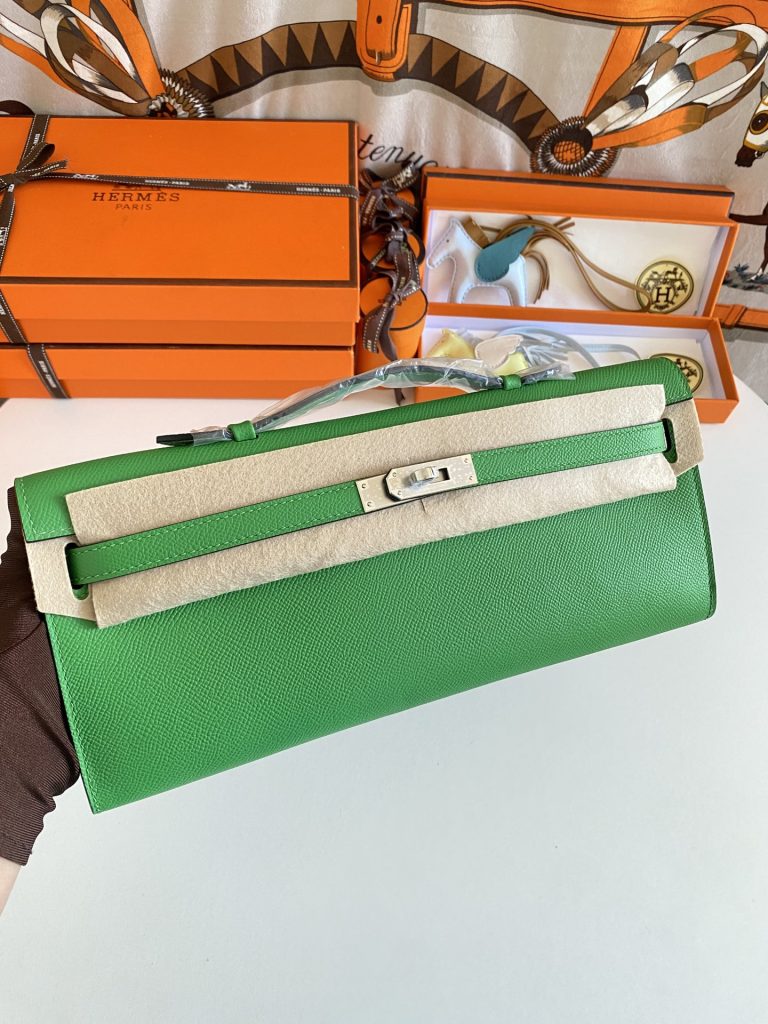 New to stock! Kelly Cut31cm Epsom Leather Bamboo Green Silver Buckle