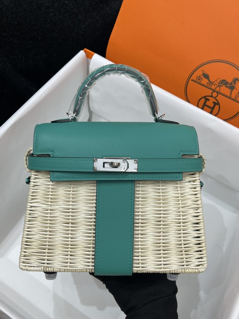 Kelly Picnic — Swift leather — a woven wicker body — Gold-tone or silver-tone hardware