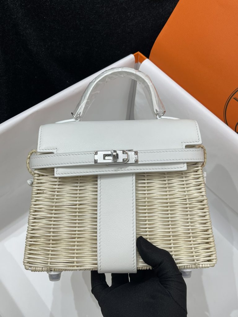 Kelly Picnic — Swift leather — a woven wicker body — Gold-tone or silver-tone hardware