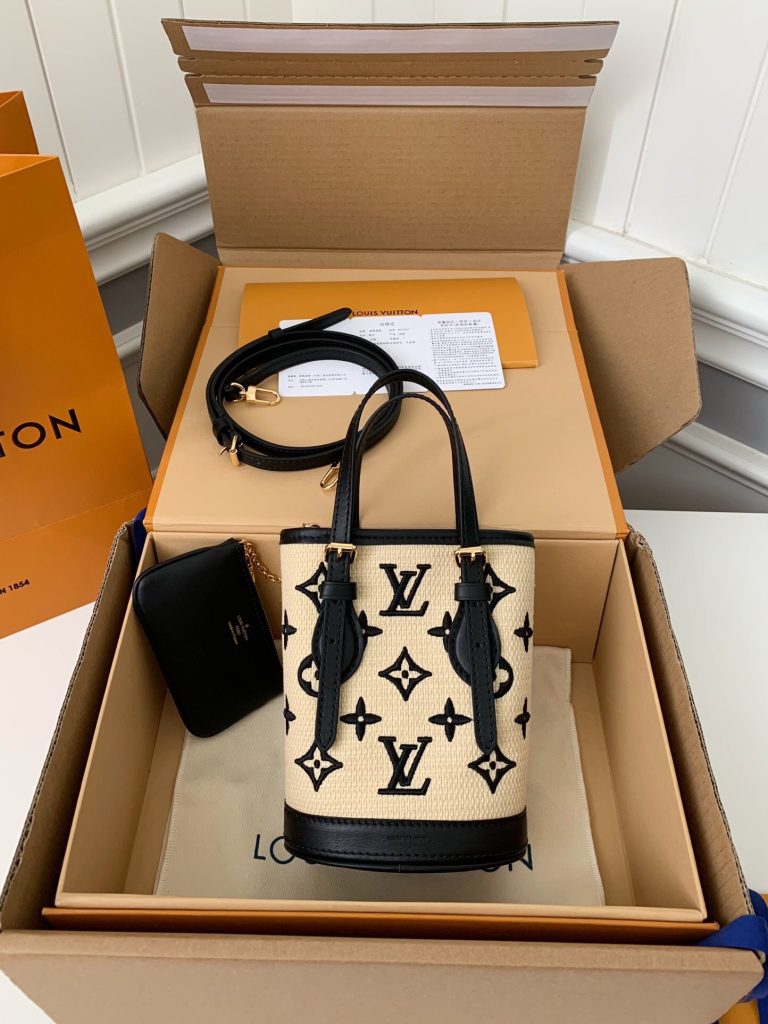 LV M82418 Nano Bucket Bag | Raffia and Embroidered Cotton