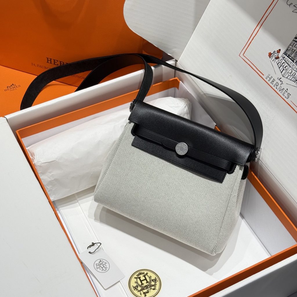 Mini Herbag — Panda — a canvas body with leather trim — Gold-tone or silver-tone hardware