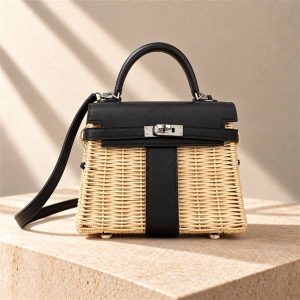 Hermès Kelly Picnic woven handbag on a warm ivory limestone surface