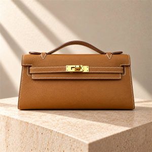 Hermès Mini Kelly Pochette clutch on a warm ivory limestone surface